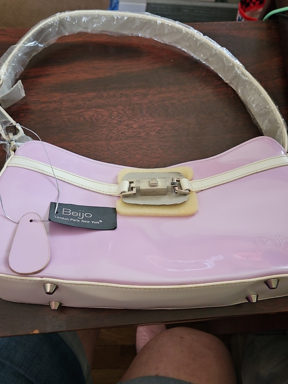 Beijo Light Pink Patent Shoulder Bag with Cream Trim